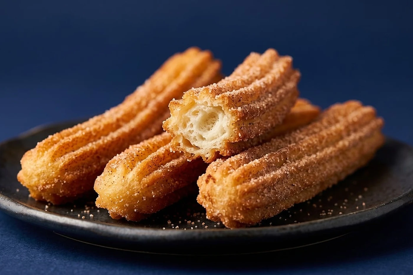Churros estriados recién fritos en un plato