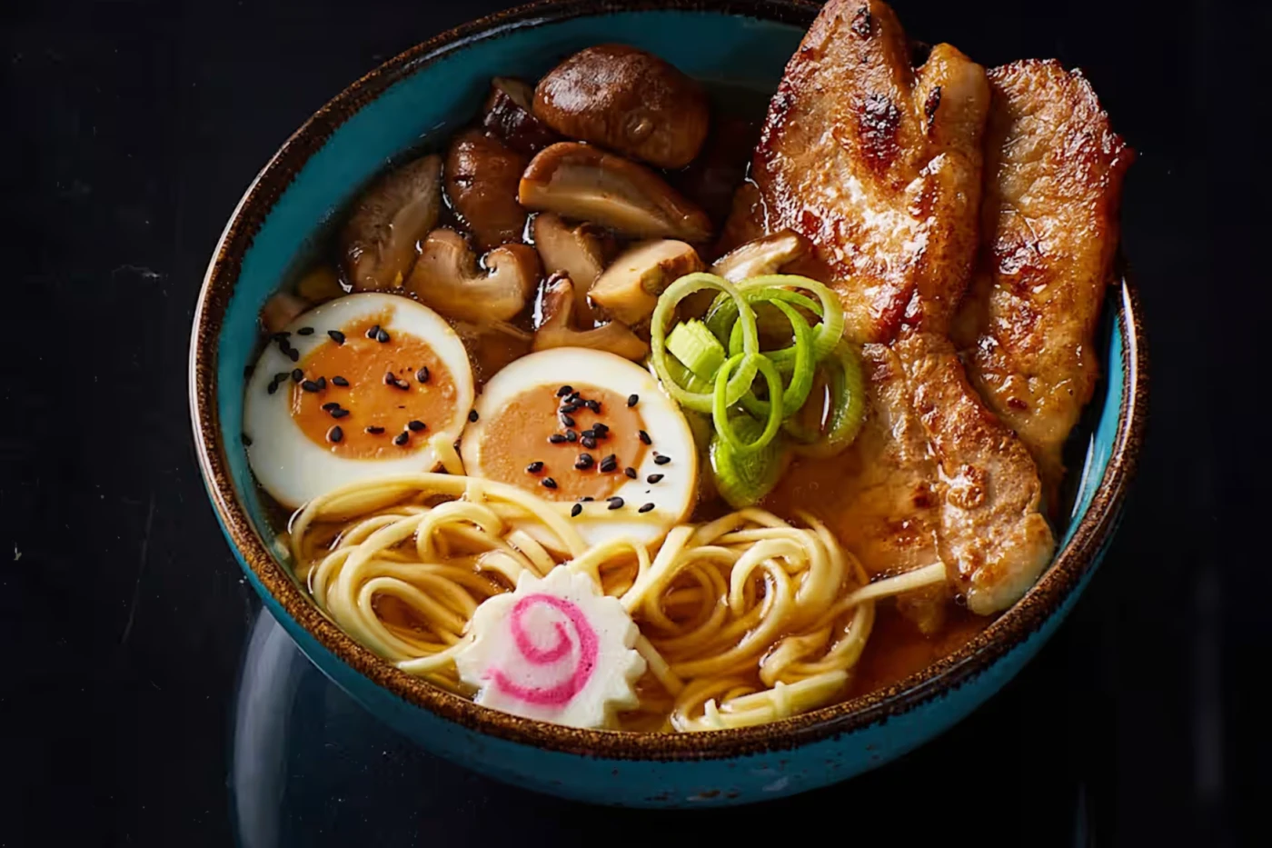 Bol de ramen con caldo, fideos y acompañamientos